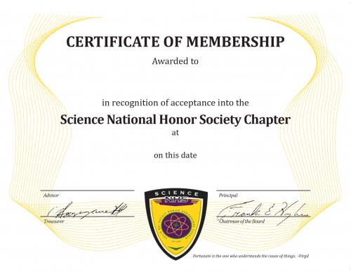 Science National Honor Society Certificate of Membership
